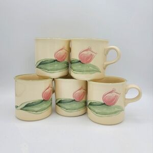 Pfaltzgraff Garden Party 5 Coffee Mugs 10 oz Tulips Cherries Floral 90s Vintage